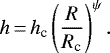 \begin{equation*}h\,{=}\,h_{\textrm{c}} \left(\frac{R}{R_{\textrm{c}}}\right)^{\psi}. \end{equation*}
