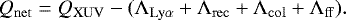 \begin{equation*}Q_{\mathrm{net}} = Q_{\mathrm{XUV}} - (\Lambda_{\mathrm{Ly\alpha}}&#x002B;\Lambda_{\mathrm{rec}}&#x002B;\Lambda_{\mathrm{col}}&#x002B;\Lambda_{\mathrm{ff}}). \end{equation*}