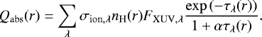 \begin{equation*} Q_{\mathrm{abs}}(r) = \sum_{\lambda} \sigma_{\mathrm{ion,\lambda}} n_{\mathrm{H}}(r) F_{\mathrm{XUV,\lambda}}\frac{\exp{(-\tau_{\lambda}(r))}}{1&#x002B;\alpha\tau_{\lambda}(r)}. \end{equation*}