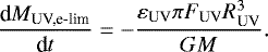 \begin{equation*}\frac{\textrm{d} M_{\textrm{UV,e-lim}}}{\textrm{d} t}=-\frac{\varepsilon_{\textrm{UV}} \pi F_{\textrm{UV}} R_{\textrm{UV}}^{3}}{G M}. \end{equation*}