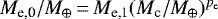 $M_{\textrm{e,0}}/M_{\oplus}\,{=}\,M_{\textrm{e,1}} (M_{\textrm{c}}/M_{\oplus})^{p_{\textrm{e}}}$