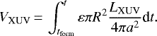 \begin{equation*} V_{\textrm{XUV}}\,{=}\,\int_{t_{\textrm{form}}}^{t} \varepsilon \pi R^{2} \frac{L_{\textrm{XUV}}}{4 \pi a^{2}} \textrm{d}t. \end{equation*}