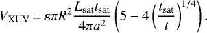 \begin{equation*} V_{\textrm{XUV}}\,{=}\, \varepsilon \pi R^{2} \frac{L_{\textrm{sat}} t_{\textrm{sat}}}{4 \pi a^{2}} \left(5-4\left(\frac{t_{\textrm{sat}}}{t}\right)^{1/4}\right). \end{equation*}