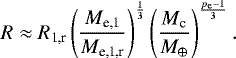 \begin{equation*}R \approx R_{\textrm{1,r}} \left(\frac{M_{\textrm{e,1}}}{M_{\textrm{e,1,r}}}\right)^{\frac{1}{3}} \left(\frac{M_{\textrm{c}}}{M_{\oplus}}\right)^{\frac{p_{\textrm{e}}-1}{3}}. \end{equation*}