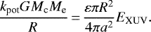 \begin{equation*} \frac{k_{\textrm{pot}} G M_{\textrm{c}} M_{\textrm{e}}}{R}\,{=}\,\frac{ \varepsilon \pi R^{2}}{4 \pi a^{2}} E_{\textrm{XUV}}. \end{equation*}