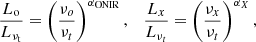 $$ \begin{aligned} \frac{L_\mathrm{o} }{L_{\nu _\mathrm{t} }} = \left(\frac{\nu _{o}}{\nu _{t}}\right)^{\alpha _\mathrm{ONIR} }, \quad \frac{L_{x}}{L_{\nu _{t}}} = \left(\frac{\nu _{x}}{\nu _{t}}\right)^{\alpha _{X}}, \end{aligned} $$