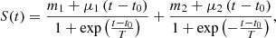 $$ \begin{aligned} S(t) = \frac{m_1 + \mu _1\left(t - t_0\right)}{1 + \exp \left(\frac{t-t_0}{T}\right)} + \frac{m_2 + \mu _2\left(t - t_0\right)}{1 + \exp \left(-\frac{t-t_0}{T}\right)} , \end{aligned} $$