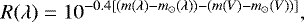 \begin{equation*} R(\lambda) = 10^{-0.4[ (m(\lambda)-m_{\odot}(\lambda)) - (m(V)-m_{\odot}(V)) ]},\end{equation*}