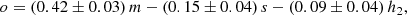 $$ \begin{aligned} o = (0.42\pm 0.03)\,m - (0.15\pm 0.04)\,s - (0.09\pm 0.04)\,h_2, \end{aligned} $$