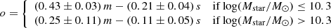 $$ \begin{aligned} o = {\left\{ \begin{array}{ll} (0.43\pm 0.03)\,m - (0.21\pm 0.04)\,s&\mathrm{if\, log}(M_{\rm star}/{M}_\odot ) \le 10.3 \\ (0.25\pm 0.11)\,m - (0.11\pm 0.05)\,s&\mathrm{if \,log}(M_{\rm star}/{M}_\odot ) > 10.3 \\ \end{array}\right.} \end{aligned} $$