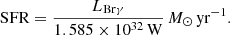 $$ \begin{aligned} \mathrm{SFR} = \frac{L_{\mathrm{Br} \gamma }}{1.585 \times 10^{32}\,\mathrm{W}}\,{M}_{\odot }\,\mathrm{yr}^{-1}. \end{aligned} $$