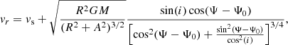 $$ \begin{aligned} { v}_{r} = { v}_{\rm s} + \sqrt{\frac{R^2 G M}{(R^2 + A^2)^{3/2}}} \frac{\sin (i) \cos (\Psi - \Psi _0)}{\left[\cos ^2(\Psi - \Psi _0) + \frac{\sin ^2(\Psi - \Psi _0)}{\cos ^2(i)}\right]^{3/4}}, \end{aligned} $$