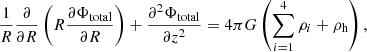 $$ \begin{aligned} \frac{1}{R} \frac{\partial }{\partial R} \left( R \frac{\partial \Phi _{\rm total}}{\partial R} \right) + \frac{\partial ^2 \Phi _{\rm total}}{\partial z^2} = 4 \pi G \left( \sum _{i=1}^{4} \rho _{i} + \rho _{\rm h} \right), \end{aligned} $$