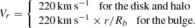 $$ {V}_r = {\left\{ \begin{array}{ll} 220\,\mathrm{km\,s^{-1}} \quad \mathrm{for\,the\,disk\,and\,halo}\\ {220\,\mathrm{km\,s^{-1}} \times {r} / {R}_b} \quad \mathrm{for\,the\,bulge.} \end{array}\right.} $$