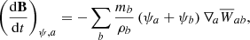 $$ \begin{aligned}&\left(\frac{\mathrm{d}\mathbf B }{\mathrm{d}t}\right)_{\psi ,a}=-\sum _b \frac{m_b}{\rho _b}\left(\psi _a+\psi _b\right)\nabla _a \overline{W}_{ab} , \end{aligned} $$