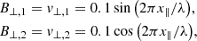 $$ \begin{aligned}&B_{\perp ,1} = v_{\perp ,1} = 0.1\sin {\left(2\pi x_{\parallel }/\lambda \right)} ,\\&B_{\perp ,2} = v_{\perp ,2} = 0.1\cos {\left(2\pi x_{\parallel }/\lambda \right)} , \end{aligned} $$