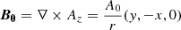 $ \boldsymbol{B_0}=\nabla \times A_z = \frac{A_0}{r}(y,-x,0) $
