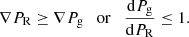 $$ \begin{aligned} \nabla P_{\rm R} \ge \nabla P_{\rm g} \quad \mathrm{or} \quad \frac{\mathrm{d}P_{\rm g}}{\mathrm{d}P_{\rm R}} \le 1 . \end{aligned} $$