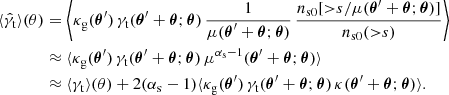 $$ \begin{aligned} \langle \hat{\gamma }_{\rm t}\rangle (\theta )&=\left\langle \kappa _{\rm g}(\boldsymbol{\theta }^{\prime })\,\gamma _{\rm t}(\boldsymbol{\theta }^{\prime }+\boldsymbol{\theta };\boldsymbol{\theta })\,{\frac{1}{\mu (\boldsymbol{\theta }^{\prime }+\boldsymbol{\theta };\boldsymbol{\theta })}}\,{\frac{n_{\rm s0}[{>}s/\mu (\boldsymbol{\theta }^{\prime }+\boldsymbol{\theta };\boldsymbol{\theta })]}{n_{\rm s0}({>}s)}} \right\rangle \nonumber \\&\approx \langle \kappa _{\rm g}(\boldsymbol{\theta }^{\prime })\,\gamma _{\rm t}(\boldsymbol{\theta }^{\prime }+\boldsymbol{\theta };\boldsymbol{\theta })\,\mu ^{\alpha _{\rm s}-1}(\boldsymbol{\theta }^{\prime }+\boldsymbol{\theta };\boldsymbol{\theta }) \rangle \\&\approx \langle \gamma _{\rm t}\rangle (\theta ) +2(\alpha _{\rm s}-1) \langle \kappa _{\rm g}(\boldsymbol{\theta }^{\prime })\,\gamma _{\rm t}(\boldsymbol{\theta }^{\prime }+\boldsymbol{\theta };\boldsymbol{\theta })\,\kappa (\boldsymbol{\theta }^{\prime }+\boldsymbol{\theta };\boldsymbol{\theta })\rangle .\nonumber \end{aligned} $$