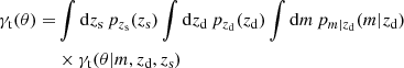 $$ \begin{aligned} \gamma _{\rm t} (\theta ) =&\int \mathrm{d} z_{\rm s} \, p_{z_{\rm s}}(z_{\rm s}) \int \mathrm{d} z_{\rm d} \, p_{z_{\rm d}}(z_{\rm d}) \int \mathrm{d} m \, p_{m|z_{\rm d}}(m | z_{\rm d})\nonumber \\&\times \gamma _{\rm t} (\theta | m, z_{\rm d},z_{\rm s}) \end{aligned} $$