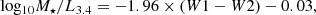 $$ \begin{aligned} \mathrm{log_{10}}M_{\star }/L_{3.4} = -1.96 \times (W1 - W2) - 0.03 , \end{aligned} $$