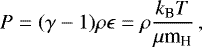 \begin{equation*} P = (\gamma - 1) \rho \epsilon = \rho \frac{k_{\textrm{B}}T}{\mu {\textrm{m}}_{\textrm{H}}}\,,\end{equation*}