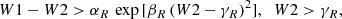 $$ \begin{aligned} W1-W2&> \alpha _R\,\exp \,[{\beta _{R}\,{(W2 - \gamma _{R})}^2}], \;\; W2 > \gamma _{R}, \end{aligned} $$