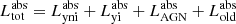 $ L^{\mathrm{abs}}_{\mathrm{tot}} = L^{\mathrm{abs}}_{\mathrm{yni}} + L^{\mathrm{abs}}_{\mathrm{yi}} +L^{\mathrm{abs}}_{\mathrm{AGN}} +L^{\mathrm{abs}}_{\mathrm{old}} $