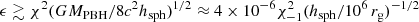 $$ \begin{aligned} \epsilon \gtrsim \chi ^2(GM_{\rm PBH}/8c^2h_{\rm sph})^{1/2}\approx 4\times 10^{-6}\chi _{-1}^2(h_{\rm sph}/10^6\,r_{\rm g})^{-1/2} \end{aligned} $$