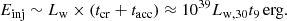 $$ \begin{aligned} E_{\rm inj} \sim L_{\rm w} \times (t_{\rm cr}+t_{\rm acc}) \approx 10^{39} L_{\rm w,30} t_{\rm 9}\,\mathrm{erg}. \end{aligned} $$