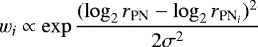 \begin{equation*} w_i \propto \exp\frac{(\log_2 r_{\textrm{PN}} - \log_2 r_{\textrm{PN}_i})^2}{2\sigma^2} \end{equation*}