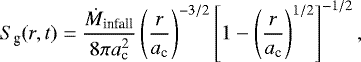\begin{align*} S_{\textrm{g}}(r,t) = \dfrac{\dot{M}_{\textrm{infall}}}{8\pi a_{\textrm{c}}^2}\left(\dfrac{r}{a_{\textrm{c}}}\right)^{-3/2}\left[1-\left(\dfrac{r}{a_{\textrm{c}}}\right)^{1/2}\right]^{-1/2},\end{align*}