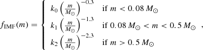 $$ \begin{aligned} f_{\mathrm{IMF}}(m) = {\left\{ \begin{array}{ll} k_0 \left( \frac{m}{M_\odot } \right)^{-0.3}&\mathrm{if}\ m < 0.08\, M_\odot \\ k_1 \left( \frac{m}{M_\odot } \right)^{-1.3}&\mathrm{if}\ 0.08\, M_\odot < m < 0.5\, M_\odot \\ k_2 \left( \frac{m}{M_\odot } \right)^{-2.3}&\mathrm{if}\ m > 0.5\,M_\odot \end{array}\right.}, \end{aligned} $$