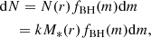 $$ \begin{aligned}&\mathrm{d}N = N(r) f_{\mathrm{BH}}(m) \mathrm{d}m \nonumber \\&\quad \ = k M_*(r) f_{\mathrm{BH}}(m) \mathrm{d}m, \end{aligned} $$