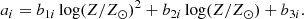 $$ \begin{aligned} a_i = b_{1i} \, {\mathrm{log} (Z/Z_{\odot })}^2 + b_{2i} \, {\mathrm{log} (Z/Z_{\odot })} + b_{3i} .\end{aligned} $$