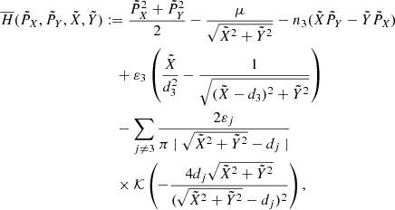 $$ \begin{aligned} \begin{split} \overline{H}(\tilde{P}_X,\tilde{P}_Y,\tilde{X},\tilde{Y})&:= \frac{\tilde{P}_X ^2 + \tilde{P}_Y ^2}{2} - \frac{\mu }{\sqrt{\tilde{X}^2+\tilde{Y}^2}} - n_3 ( \tilde{X} \tilde{P}_Y - \tilde{Y} \tilde{P}_X ) \\&\quad + \varepsilon _3 \left(\frac{\tilde{X}}{d_3 ^2} - \frac{1}{\sqrt{ (\tilde{X}-d_3)^2 +\tilde{Y}^2 } } \right) \\&\quad - \sum _{j \ne 3} \frac{2 \varepsilon _j}{\pi \mid \sqrt{ \tilde{X}^2+\tilde{Y}^2 } - d_j \mid } \\ &\quad \times \mathcal{K} \left(- \frac{4 d_j \sqrt{\tilde{X}^2+\tilde{Y}^2} }{(\sqrt{\tilde{X}^2+\tilde{Y}^2}-d_j)^2} \right), \end{split}\end{aligned} $$