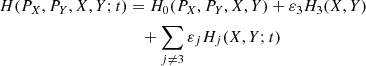 $$ \begin{aligned} \begin{split} H (P_X,P_Y,X,Y;t)&= H_0 (P_X,P_Y,X,Y) + \varepsilon _3 H_3 (X,Y) \\&\quad + \sum _{j \ne 3} \varepsilon _j H_j (X,Y;t) \end{split} \end{aligned} $$