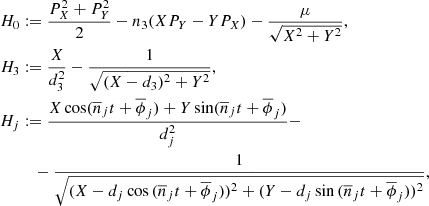 $$ \begin{aligned} H_0&:= \frac{P_X^2 + P_Y^2}{2} - n_3 (X P_Y - Y P_X) - \frac{\mu }{\sqrt{X^2 + Y^2}}, \\ H_3&:= \frac{X}{d_3 ^2} - \frac{1}{\sqrt{(X-d_3)^2 + Y^2} }, \\ H_j&:= \frac{X \cos ( \overline{n}_j t + \overline{\phi }_j) + Y \sin ( \overline{n}_j t +\overline{\phi }_j) }{d_j ^2}- \\&\quad - \frac{1}{\sqrt{ (X-d_j \cos \,( \overline{n}_j t + \overline{\phi }_j) )^2 + (Y-d_j \sin \,(\overline{n}_j t + \overline{\phi }_j))^2 } }, \end{aligned} $$