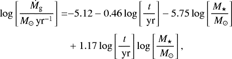 \begin{equation*} \begin{split} \log\left[\frac{\dot M_{\textrm{g}}}{M_{\odot}\,\textrm{yr}^{-1}} \right] = & {-}5.12 -0.46 \log\left[\frac{t}{ \ \textrm{yr}}\right] -5.75\log\left[\frac{ M_{\star}}{ \ M_{\odot} }\right] \\[3pt] & &#x002B;1.17 \log\left[\frac{t}{ \ \textrm{yr}}\right]\log\left[\frac{ M_{\star}}{ \ M_{\odot} }\right], \end{split}\end{equation*}