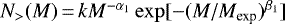$N_{>}(M) \,{=}\, kM^{-\alpha_1}\exp[-(M/M_{\textrm{exp}})^{\beta_1}]$