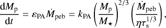 \begin{equation*} \frac{\textrm{d}M_{\textrm{p}}}{\textrm{d}t } = \varepsilon_{\textrm{PA}} \dot M_{\textrm{peb}} = k_{\textrm{PA}} \left(\frac{M_{\textrm{p}}}{M_{\star}} \right)^{2/3} \left(\frac{\dot M_{\textrm{peb}}}{ \eta \tau_{\textrm{s}}^{1/3} } \right),\end{equation*}