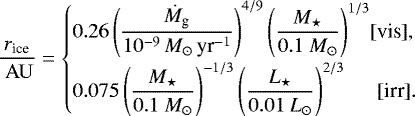 \begin{equation*} \frac{r_{\textrm{ice}}}{ \ \rm AU} = \begin{cases} {\displaystyle 0.26 \left(\frac{\dot M_{\textrm{g}}}{10^{-9} \,M_{\odot}\,\textrm{yr}^{-1}} \right)^{4/9} \left(\frac{M_{\star}}{0.1 \ M_{\odot}} \right)^{1/3} } \hfill [\mbox{vis}],\\[8pt] {\displaystyle 0.075 \left(\frac{M_{\star}}{0.1 \ M_{\odot}} \right)^{-1/3} \left(\frac{L_{\star}}{0.01 \ L_{\odot}} \right)^{2/3}} \hfill\hspace*{.3cm} [\mbox{irr}].\hspace*{-.3cm} \end{cases}\end{equation*}