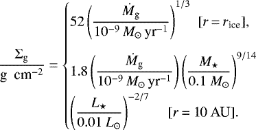 \begin{equation*} \frac{\Sigma_{\textrm{g}}}{ \textrm{g \ cm}^{-2}} = \begin{cases} {\displaystyle 52 \left(\frac{\dot M_{\textrm{g}}}{10^{-9}\,M_{\odot}\,\textrm{yr}^{-1}} \right)^{1/3} } \hfill [{r\,{=}\,r}_{\textrm{ice}}], \vspace{0.3cm} \\ {\displaystyle 1.8 \left(\frac{\dot M_{\textrm{g}}}{10^{-9}\,M_{\odot}\,\textrm{yr}^{-1}} \right) \left(\frac{M_{\star}}{0.1 \ M_{\odot}} \right)^{9/14}} \\[8pt] {\displaystyle \left(\frac{L_{\star}}{0.01 \ L_{\odot}} \right)^{-2/7} } \hfill \hspace*{.3cm} [\mbox{\textit{r} = 10 \textrm{AU}}].\hspace*{.3cm} \end{cases}\end{equation*}