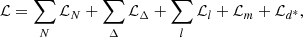 $$ \begin{aligned} \mathcal{L} =\sum _{N} \mathcal{L} _N+\sum _{\Delta } \mathcal{L} _\Delta +\sum _{l} \mathcal{L} _l+\mathcal{L} _m+\mathcal{L} _{d^*}, \end{aligned} $$
