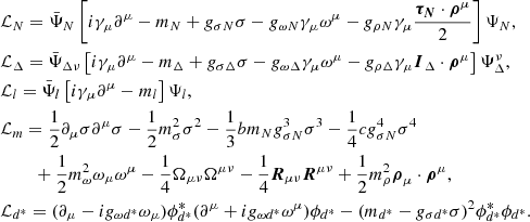 $$ \begin{aligned}&\mathcal{L} _N=\bar{\Psi }_N\left[ i\gamma _\mu \partial ^\mu -m_N+g_{\sigma N}\sigma -g_{\omega N}\gamma _\mu \omega ^\mu -g_{\rho N}\gamma _\mu \frac{\boldsymbol{\tau _N} \cdot \boldsymbol{\rho }^\mu }{2}\right]\Psi _N, \nonumber \\&\mathcal{L} _\Delta =\bar{\Psi }_{\Delta \nu }\left[ i\gamma _\mu \partial ^\mu -m_\Delta +g_{\sigma \Delta }\sigma -g_{\omega \Delta }\gamma _\mu \omega ^\mu -g_{\rho \Delta }\gamma _\mu \boldsymbol{I}_\Delta \cdot \boldsymbol{\rho }^\mu \right]\Psi _\Delta ^\nu , \nonumber \\&\mathcal{L} _l=\bar{\Psi }_l\left[ i\gamma _\mu \partial ^\mu -m_l\right]\Psi _l, \nonumber \\&\mathcal{L} _m= \frac{1}{2}\partial _\mu \sigma \partial ^\mu \sigma -\frac{1}{2}m_\sigma ^2 \sigma ^2-\frac{1}{3}b m_N g_{\sigma N}^3 \sigma ^3-\frac{1}{4}c g_{\sigma N}^4 \sigma ^4\nonumber \\&\qquad \;+\frac{1}{2}m_\omega ^2\omega _\mu \omega ^\mu -\frac{1}{4}\Omega _{\mu \nu } \Omega ^{\mu \nu } -\frac{1}{4}{\boldsymbol{R}}_{\mu \nu }{\boldsymbol{R}}^{\mu \nu }+\frac{1}{2}m_\rho ^2 \boldsymbol{\rho }_\mu \cdot \boldsymbol{\rho }^\mu , \nonumber \\&\mathcal{L} _{d^*}=(\partial _\mu -ig_{\omega d^*} \omega _\mu )\phi ^*_{d^*}(\partial ^\mu +ig_{\omega d^*} \omega ^\mu )\phi _{d^*}-(m_{d^*}-g_{\sigma d^*}\sigma )^2\phi ^*_{d^*}\phi _{d^*}. \end{aligned} $$