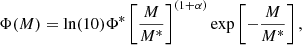 $$ \begin{aligned} \Phi (M)= \ln (10) \Phi ^{*}\left[ \dfrac{M}{M^{*}}\right]^{(1+\alpha )} \exp \left[ -\dfrac{M}{M^{*}} \right], \end{aligned} $$