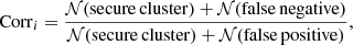 $$ \begin{aligned} \mathrm{Corr}_i = \dfrac{\mathcal{N} \mathrm{(secure\,cluster)} + \mathcal{N} \mathrm{(false\,negative)}}{\mathcal{N} \mathrm{(secure\,cluster)} + \mathcal{N} \mathrm{(false\,positive)}}, \end{aligned} $$