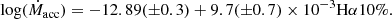 $$ \begin{aligned} \mathrm{log} (\dot{M}_{\rm acc}) = -12.89(\pm 0.3) + 9.7(\pm 0.7) \times 10^{-3} \mathrm{H}\alpha 10\% .\end{aligned} $$