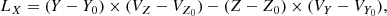 $$ \begin{aligned} L_X = (Y - Y_0)\times (V_Z - V_{Z_0}) - (Z - Z_0)\times (V_Y - V_{Y_0}), \end{aligned} $$