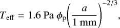 \begin{equation*} T_{\rm{eff}} = 1.6 \ \rm{Pa} \ \phi_{\rm{p}} \Bigg(\frac{\mathit{a}}{1 \ \rm{mm}} \Bigg)^{-2/3}, \end{equation*}